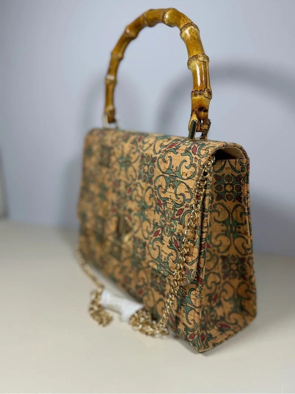 Unk Beige Patterned Bamboo-Handle Crossbody Bag with Gold Chain
